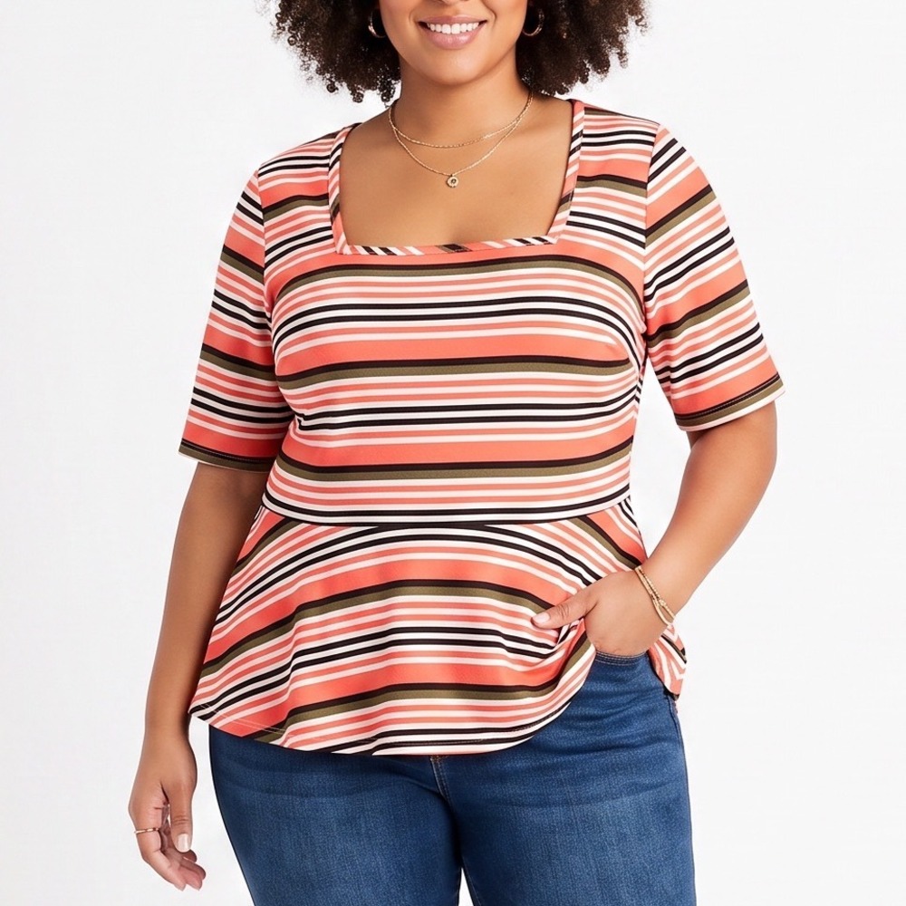 Ashley Stewart Top Womens 22/24 Peplum Square Neck Orange Striped Knit Excellent